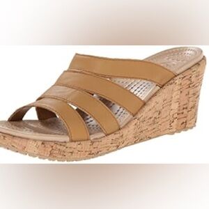 CROCS A-Leigh Leather Multi Strap Slide Cork Wedge Sandals 200414 Tan Sz 8